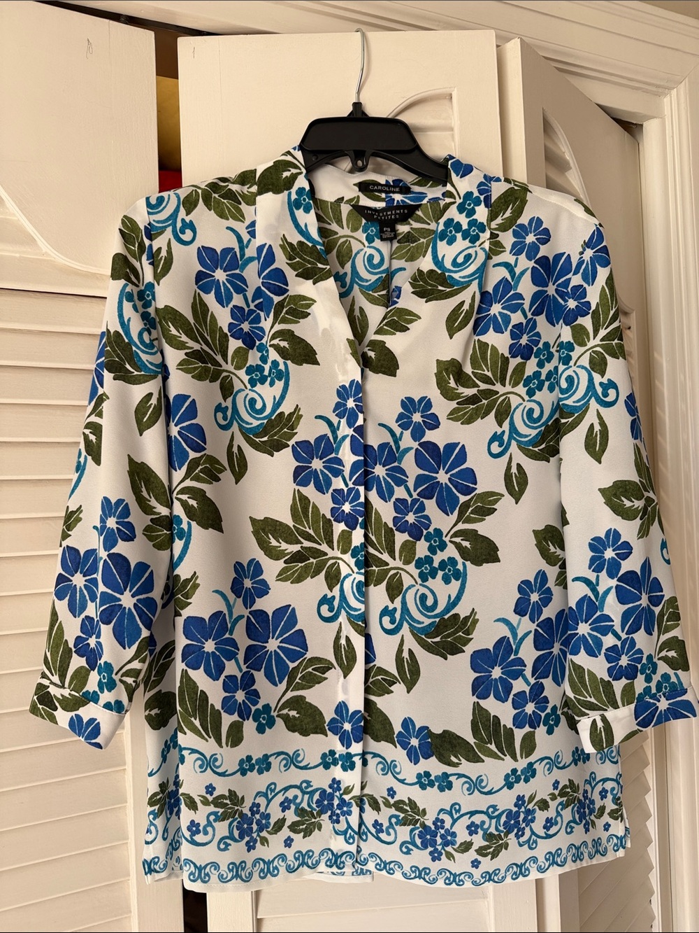 Investments White Button-Front Blouse with Blue Floral & Olive Leaves